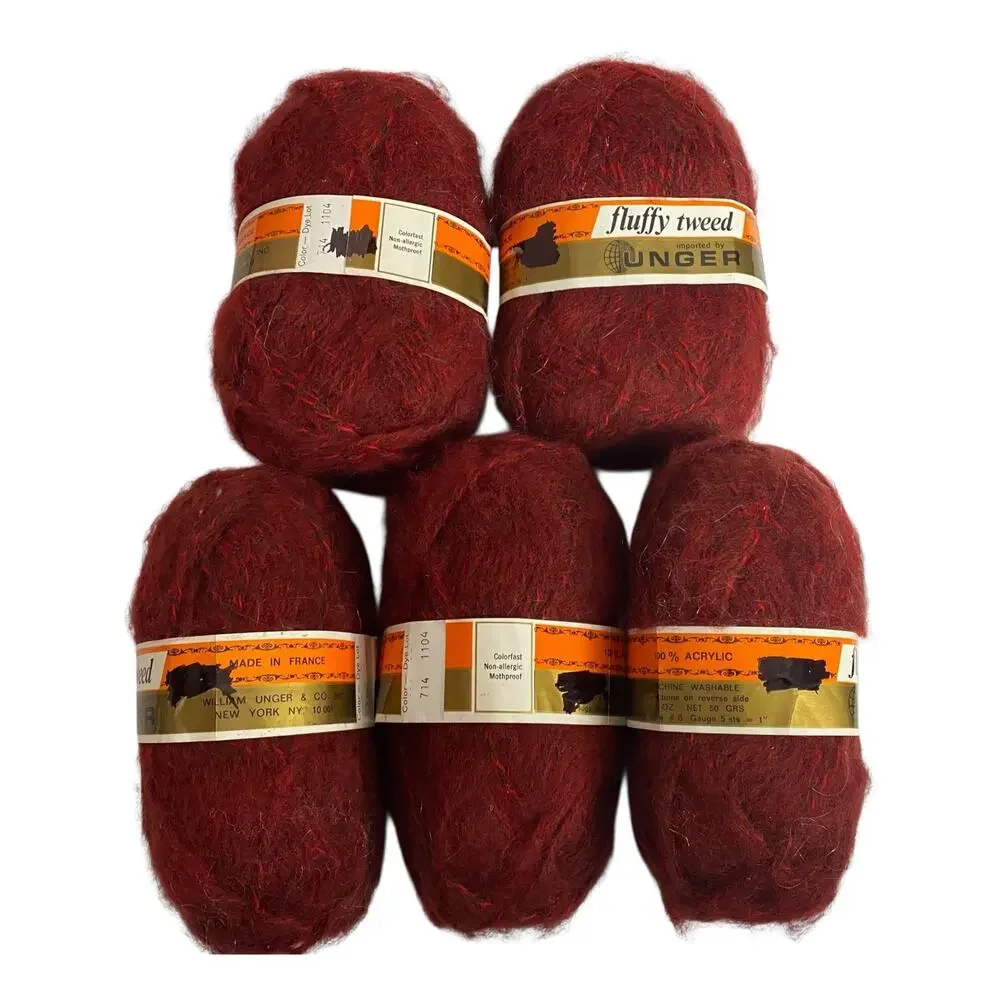 Unger Fluffy Tweed Yarn Red 714 Acrylic France Lot 5 Skeins Vintage DIY Kit